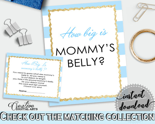 How Big Is MOMMY'S BELLY baby shower printable game with blue and white stripes, glitter gold, Jpg Pdf, instant download - bs002