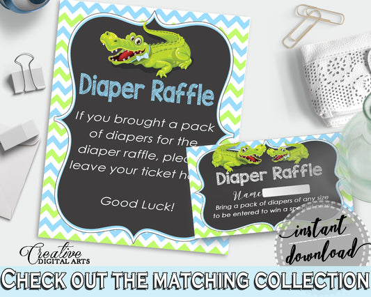 Baby shower DIAPER RAFFLE insert cards printable for baby shower with green alligator and blue color theme, Jpg Pdf, instant download - ap002