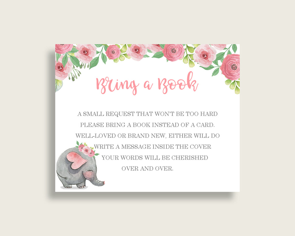 Pink Elephant Baby Shower Bring A Book Insert Printable, Girl Pink Grey Book Request, Pink Elephant Books For Baby, Book Instead Of ep001