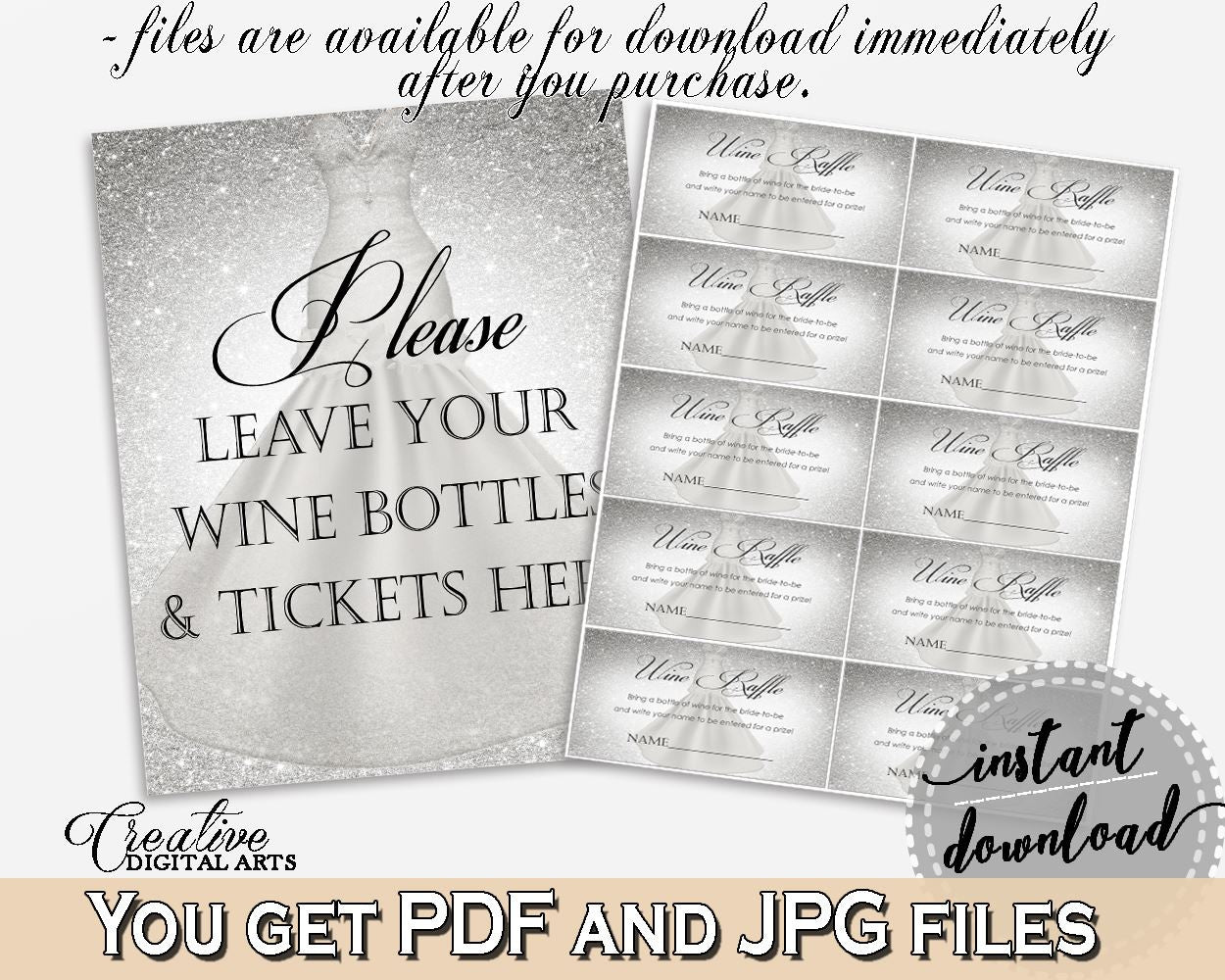 Silver And White Silver Wedding Dress Bridal Shower Theme: Wine Raffle - wine party, stylish bridal theme, party theme, party decor - C0CS5 - Digital Product