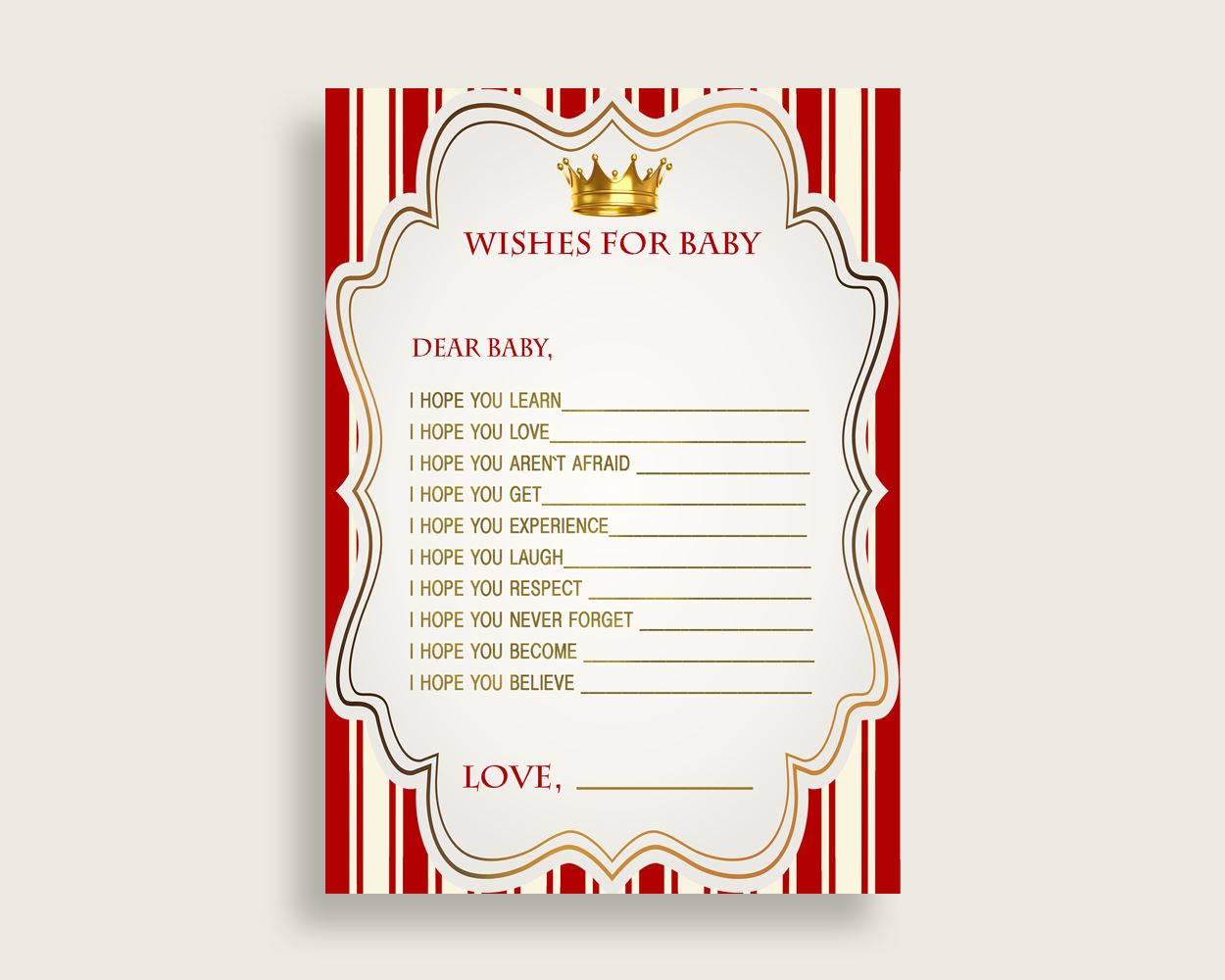 Red Gold Wishes For Baby Cards & Sign, Prince Baby Shower Boy Well Wishes Game Printable, Instant Download, Little Prince Cute Theme 92EDX