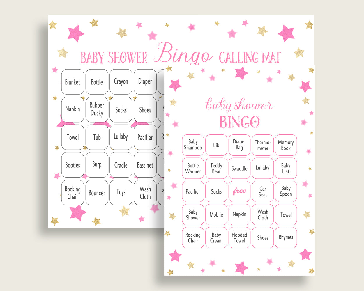 Twinkle Star Baby Shower Bingo Cards Printable, Pink Gold Baby Shower Girl, 60 Prefilled Bingo Game Cards, Cute Stars Most Popular bsg01