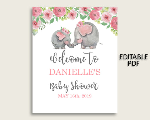 Pink Grey Pink Elephant Baby Shower Welcome Sign Printable, Party Large Sign, Editable Welcome Sign Girl, Yard Sign, Instant Download, ep001