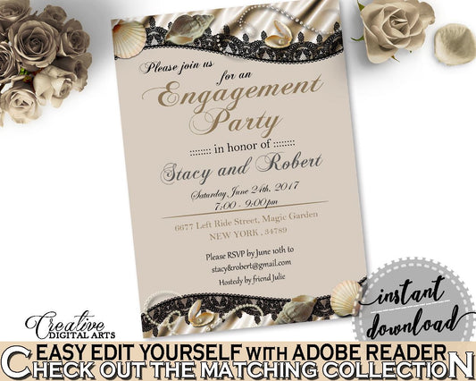 Engagement Party Invitation Editable in Seashells And Pearls Bridal Shower Brown And Beige Theme, bash invitation, party décor - 65924 - Digital Product