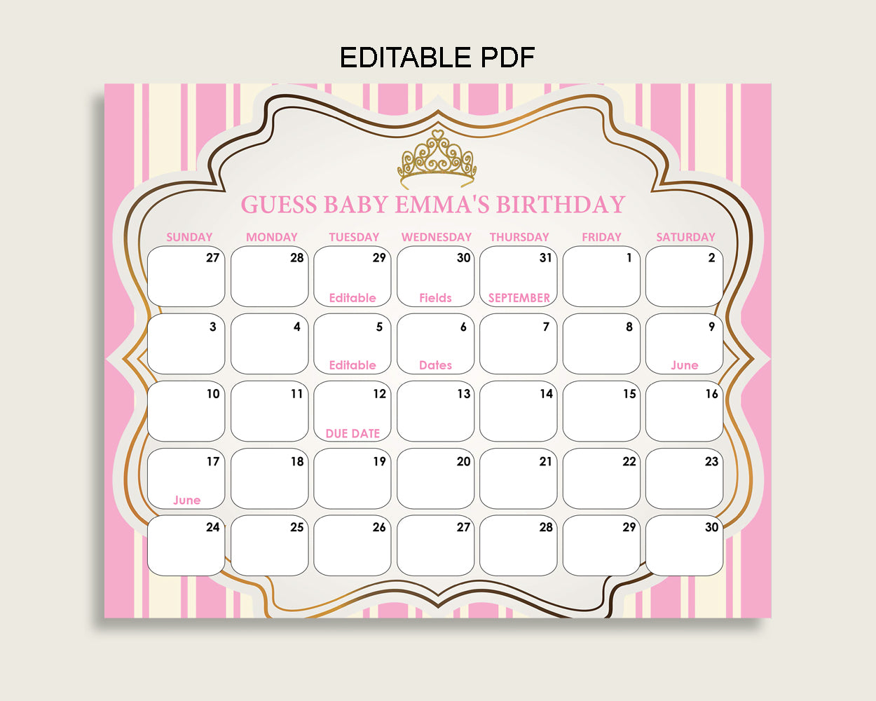 Pink Gold Guess Baby Due Date Calendar Game Printable, Royal Princess Baby Shower Girl Birthday Prediction Calendar Editable, Instant rp002