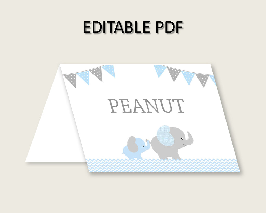 Elephant Folded Food Tent Cards Printable, Blue Grey Editable Pdf Buffet Labels, Boy Baby Shower Food Place Cards, Instant Download, ebl02