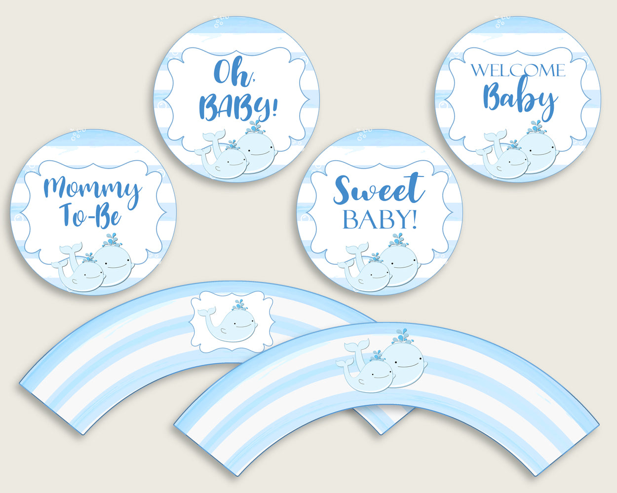 Whale Cupcake Toppers, Blue White Cupcake Wrappers, Toppers Wrappers Baby Shower Boy, Instant Download, Summer Popular Theme wbl01