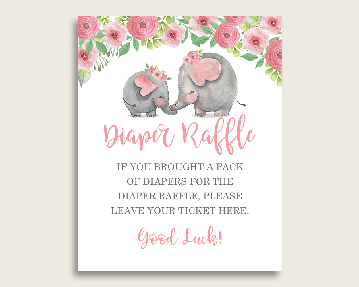 Pink Elephant Baby Shower Diaper Raffle Tickets Game, Girl Pink Grey Diaper Raffle Card Insert and Sign Printable, Instant Download ep001