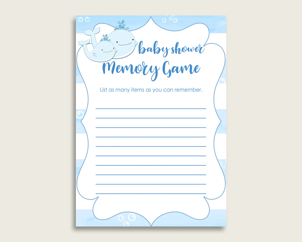 Whale Baby Shower Memory Game, Blue White Memory Guessing Game Printable, Baby Shower Boy, Instant Download, Light Blue Nautical Sea wbl01