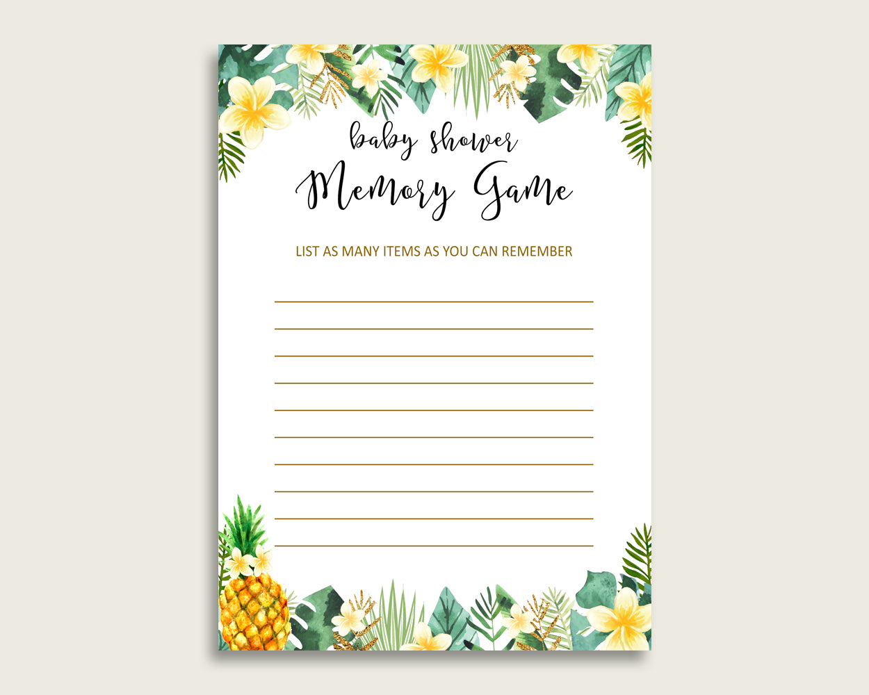 Tropical Baby Shower Memory Game, Green Yellow Memory Guessing Game Printable, Baby Shower Gender Neutral, Instant Download, Popular 4N0VK