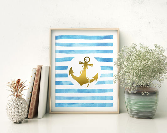 Wall Decor Anchor Printable Gold Prints Anchor Sign Gold Home Art Gold Home Print Anchor Printable Art Anchor Stripes Watercolor Nautical - Digital Download