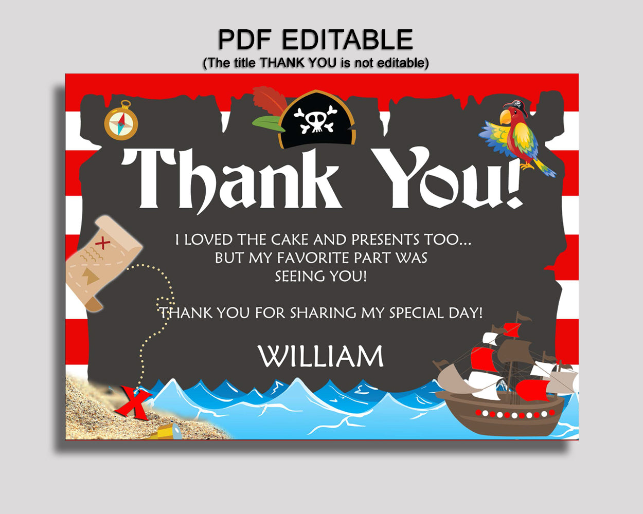 Birthday Pirate Thank You Pirate Self Editable Red Black Thank You Notes Pirate Party Thank You Boy INGIO