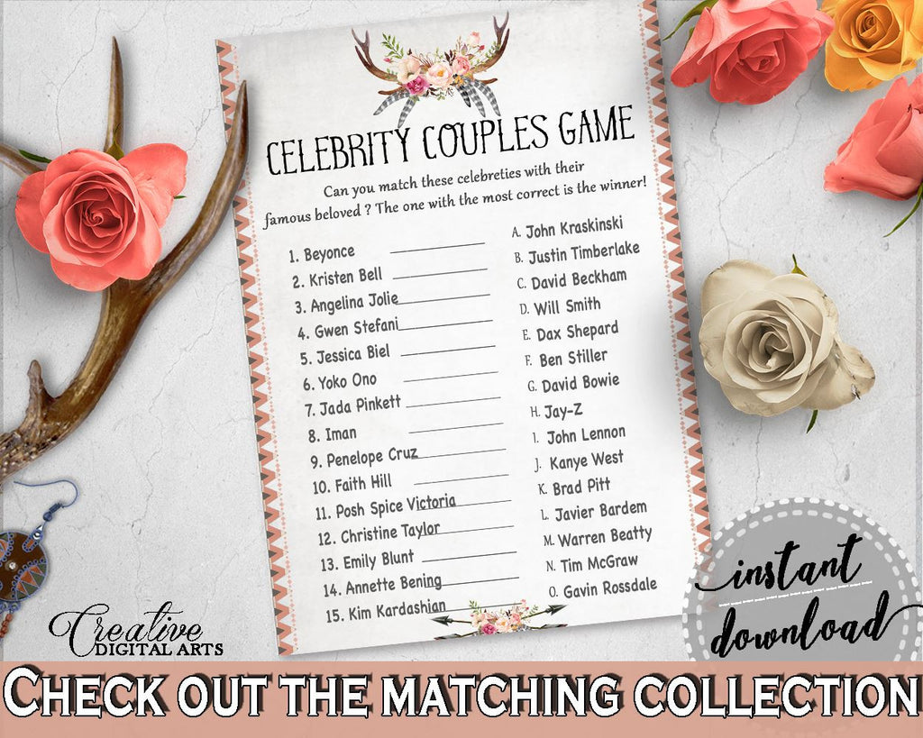 Celebrity Couples Game in Antlers Flowers Bohemian Bridal Shower Gray and Pink Theme, guess celebrity, grey pink, party stuff - MVR4R - Digital Product