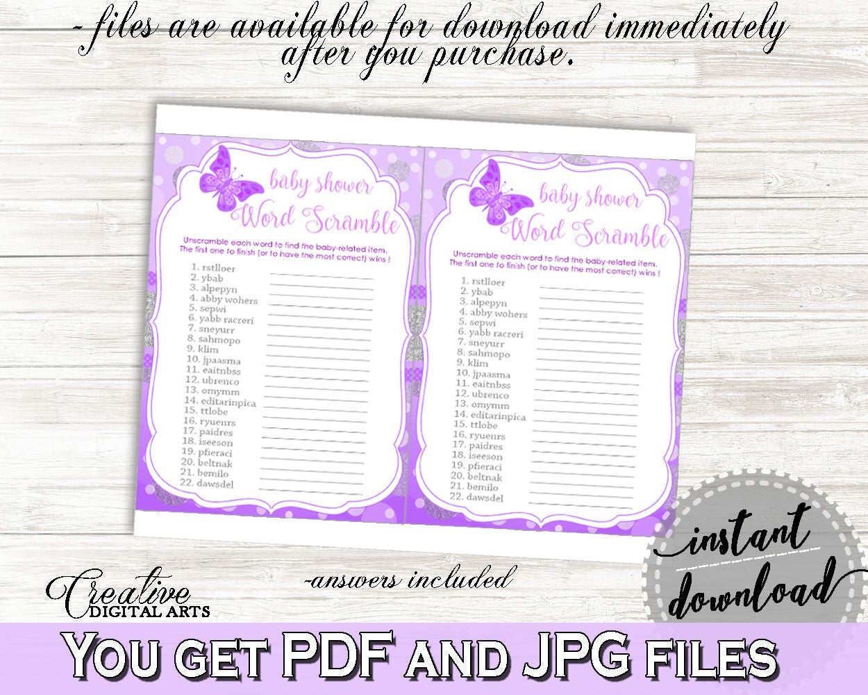 Word Scramble Baby Shower Word Scramble Butterfly Baby Shower Word Scramble Baby Shower Butterfly Word Scramble Purple Pink prints 7AANK - Digital Product