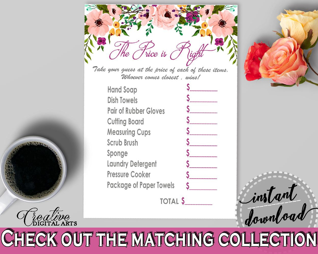 White And Pink Watercolor Flowers Bridal Shower Theme: The Price Is Right Game - price game, flowery shower, bridal shower idea - 9GOY4 - Digital Product