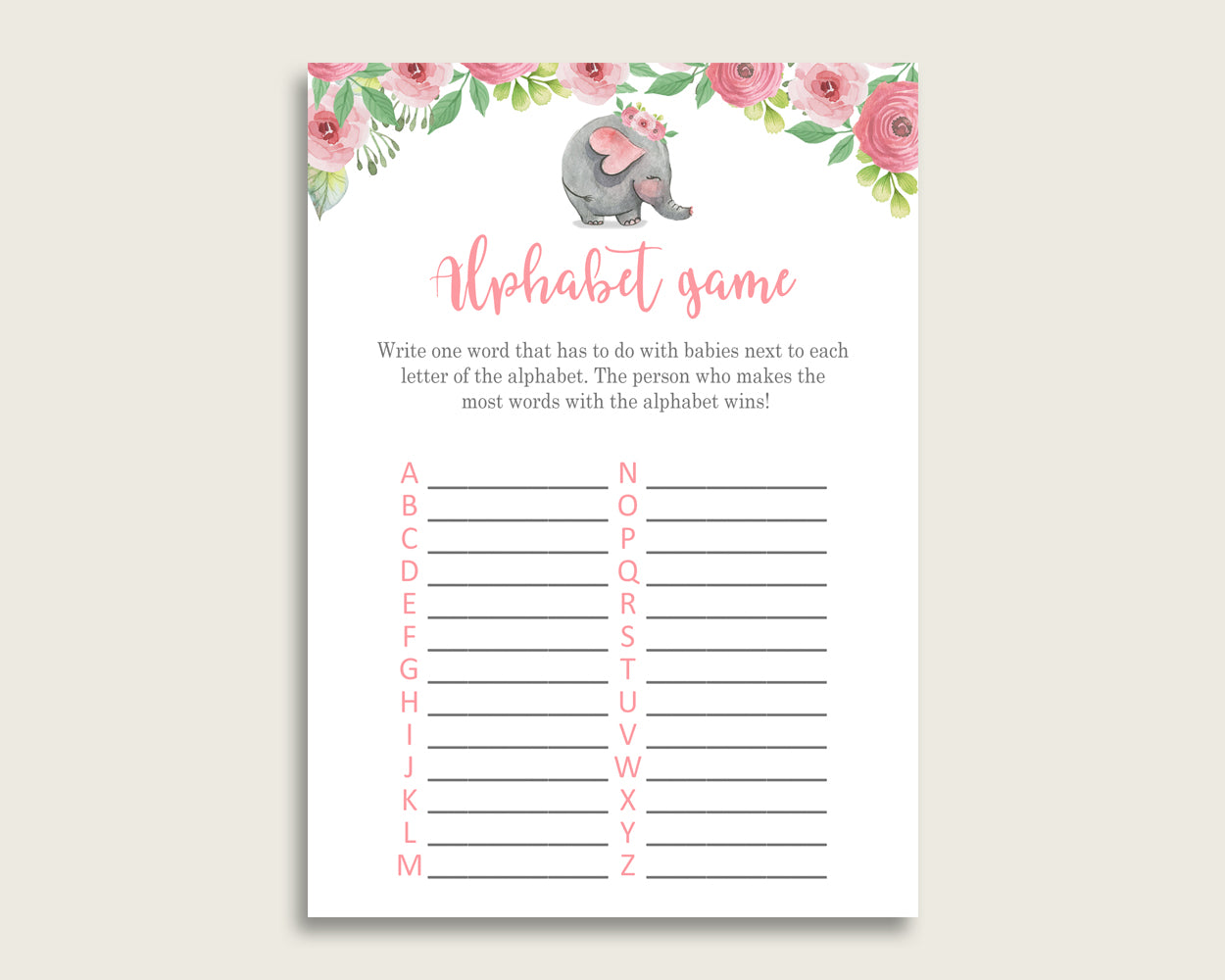 Pink Grey Alphabet Baby Shower Girl Game, Pink Elephant A-Z Guessing Baby Game Printable, ABC's Baby Item Name Game, Instant Download, ep001