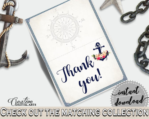 Navy Blue Nautical Anchor Flowers Bridal Shower Theme: Thank You Card - folded thank you, sailboat helm wheel, party organization - 87BSZ - Digital Product