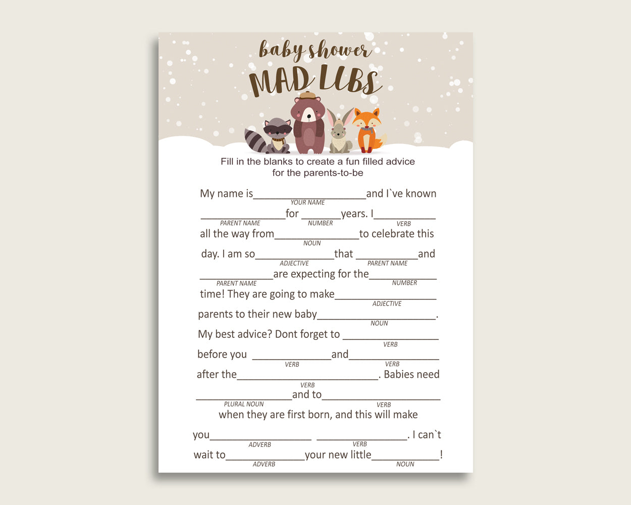 Beige Brown Mad Libs Baby Shower Gender Neutral Game Printable, Winter Woodland Mad Libs Fun Activity, DIY digital file, Woods Theme RM4SN