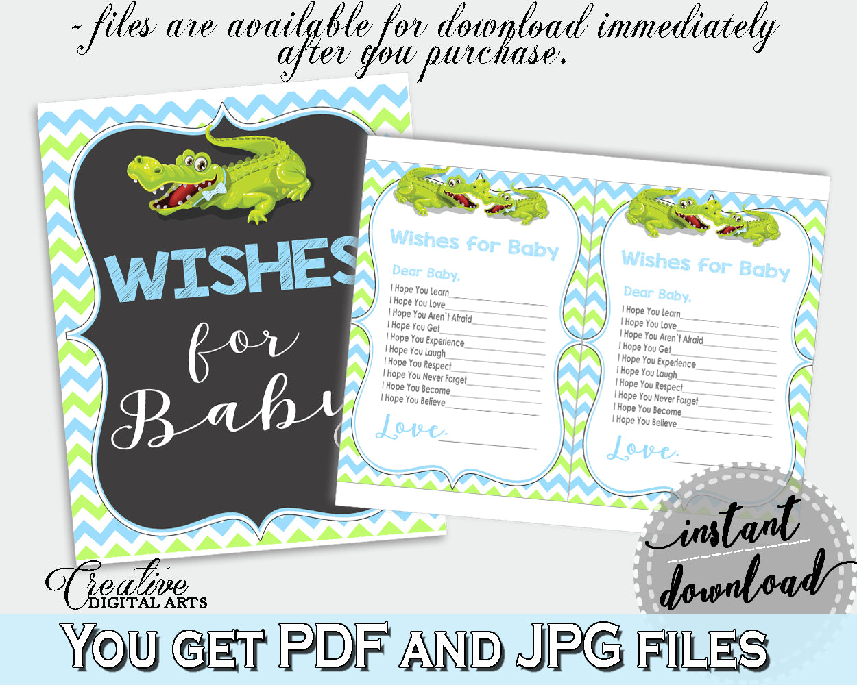 WISHES FOR BABY activity advice for baby shower with green alligator and blue color theme, instant download - ap002