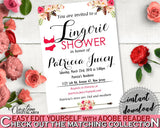 Pink And Red Bohemian Flowers Bridal Shower Theme: Lingerie Shower Invitation Editable - lingerie invitation, digital download - 06D7T - Digital Product