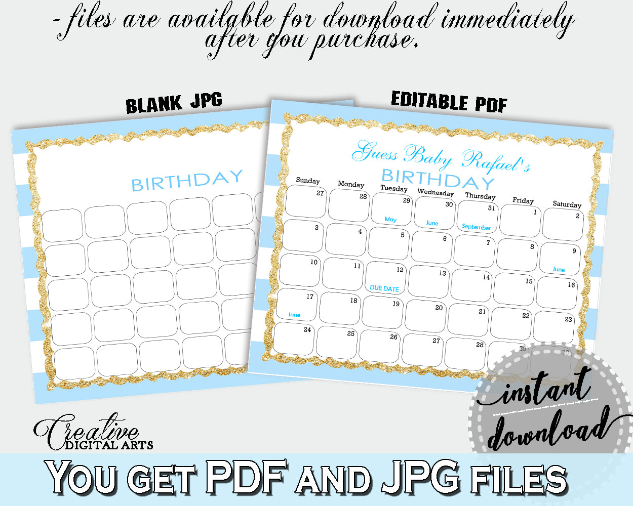 Baby Shower editable printable BIRTHDAY PREDICTION due date calendar with blue and white stripes, gold glitter, instant download - bs002