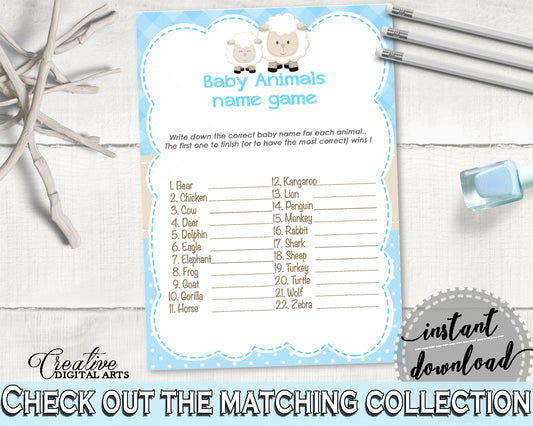 Lamb Blue Baby Shower NAME The BABY ANIMALS boy game, sheep baby shower boy game printable, Jpg Pdf, instant download - fa001