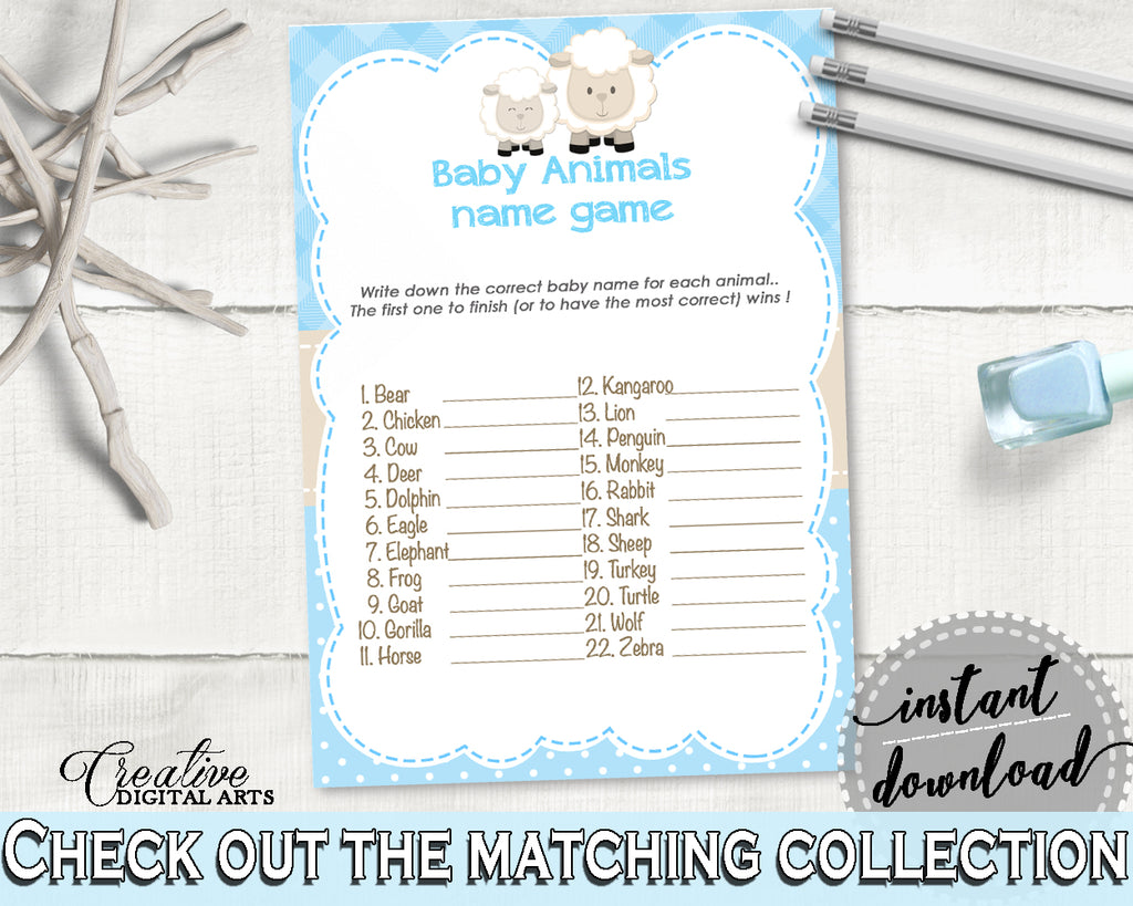 Lamb Blue Baby Shower NAME The BABY ANIMALS boy game, sheep baby shower boy game printable, Jpg Pdf, instant download - fa001