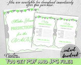 PREDICTIONS FOR BABY sign and cards activity printable for boy or girl shower with green chevron theme, Jpg Pdf, instant download - cgr01
