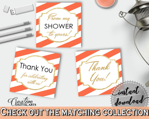 Baby shower THANK YOU favor tags rectangle printable with orange stripe theme for boys or girls, digital files, instant download - bs003