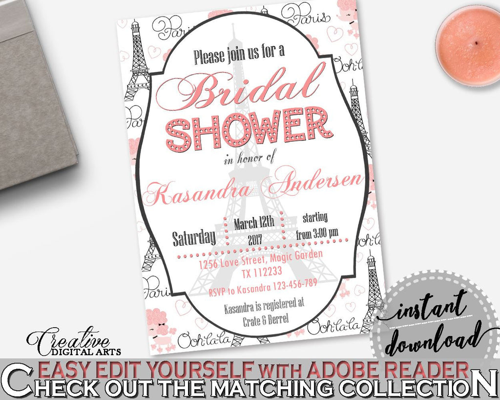 Editable Bridal Shower Invitation in Paris Bridal Shower Pink And Gray Theme, presence, pariz bridal shower, party organization - NJAL9 - Digital Product