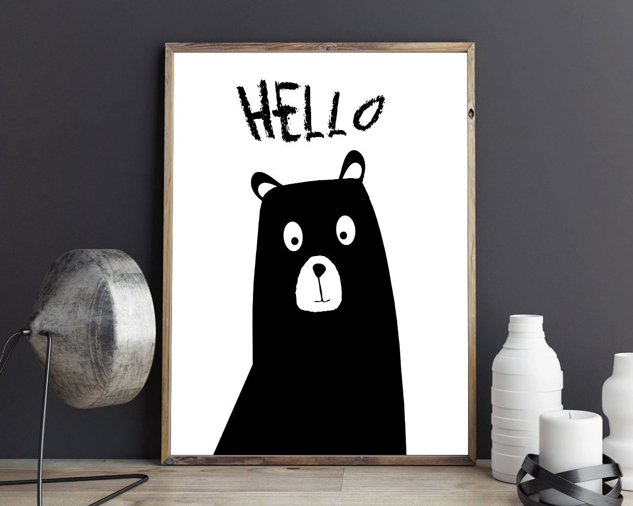 Hello Bear, black and white, woodland, baby shower, kids room, Printable Wall Art, contemporary art, Art Prints, Minimalist Print - Digital Download