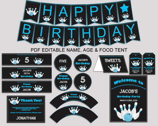 Bowling Birthday Decor Bowling Editable Pack Black Blue Party Decoration Bowling Birthday Decoration Boy 5DVSP