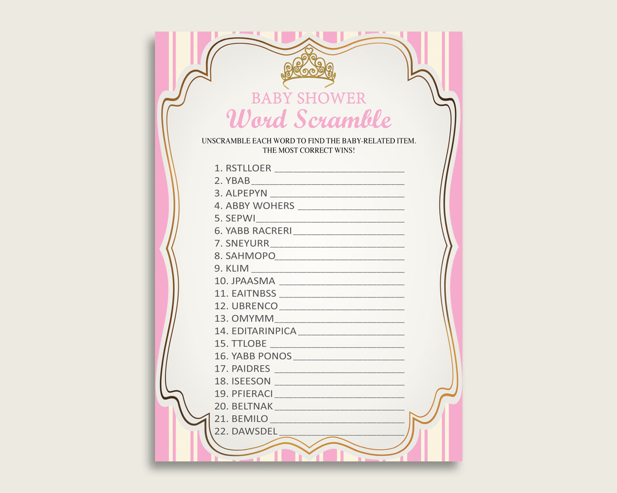 Girl Baby Shower Word Scramble Game Printable, Cute Royal Princess Pink Gold Word Scramble, Funny Activity, Instant Download, rp002