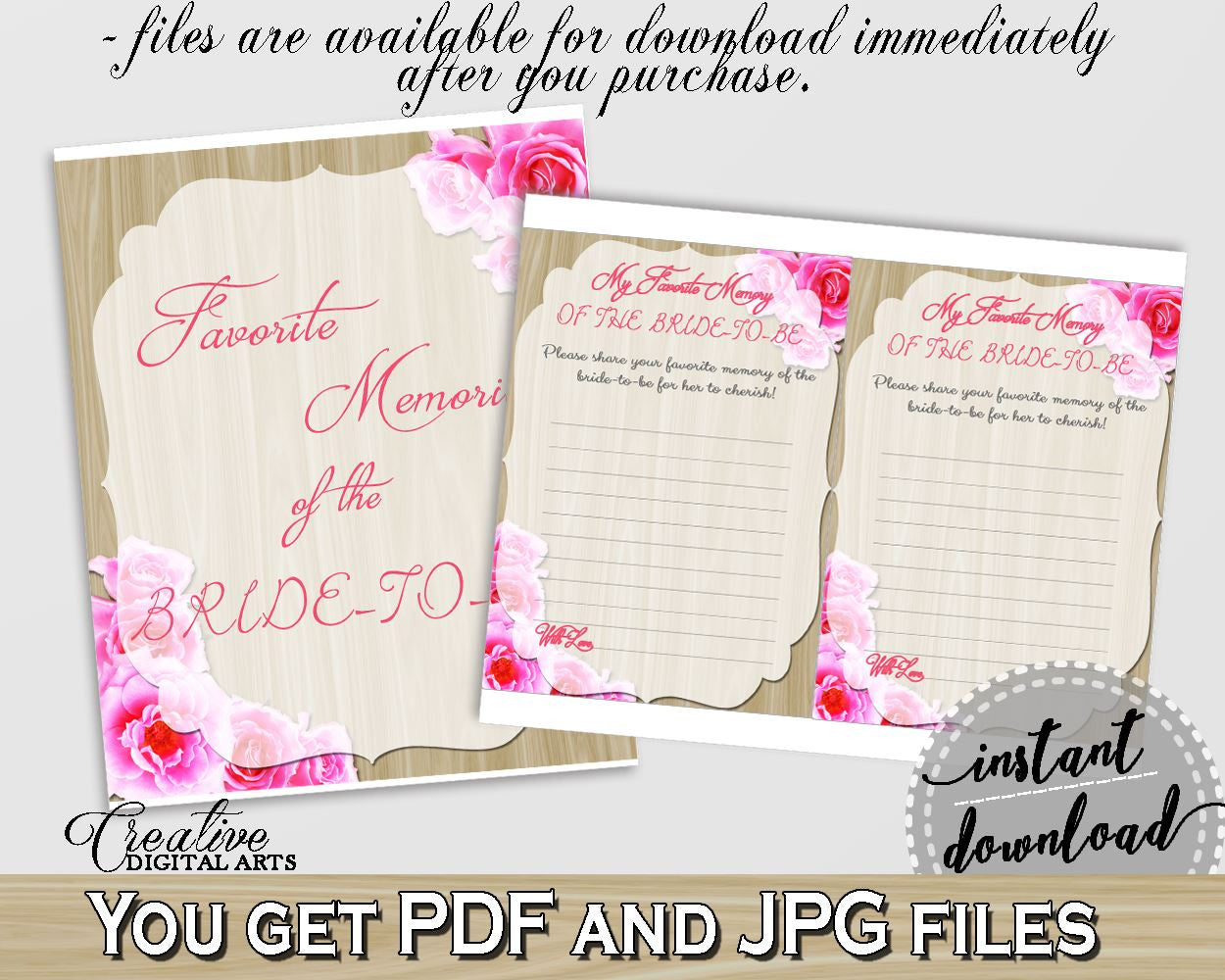 Favorite Memories Of The Bride To Be in Roses On Wood Bridal Shower Pink And Beige Theme, remember game, party organization - B9MAI - Digital Product