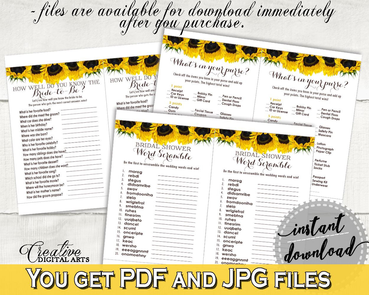 Games Bridal Shower Games Sunflower Bridal Shower Games Bridal Shower Sunflower Games Yellow White printables, prints, digital print SSNP1 - Digital Product