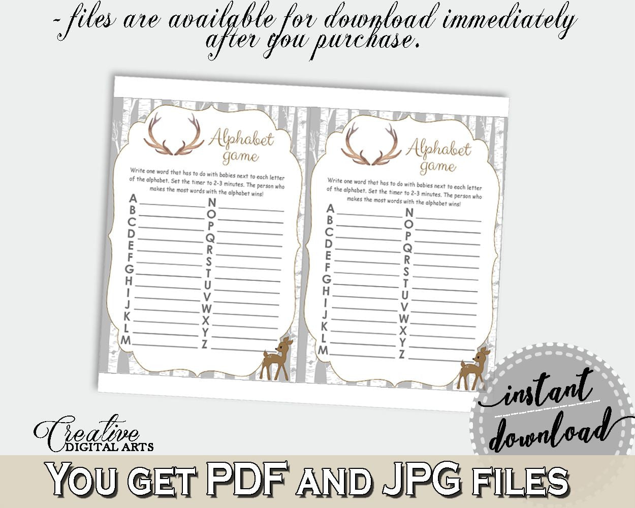 Alphabet Game Baby Shower Alphabet Game Deer Baby Shower Alphabet Game Baby Shower Deer Alphabet Game Gray Brown customizable files - Z20R3 - Digital Product