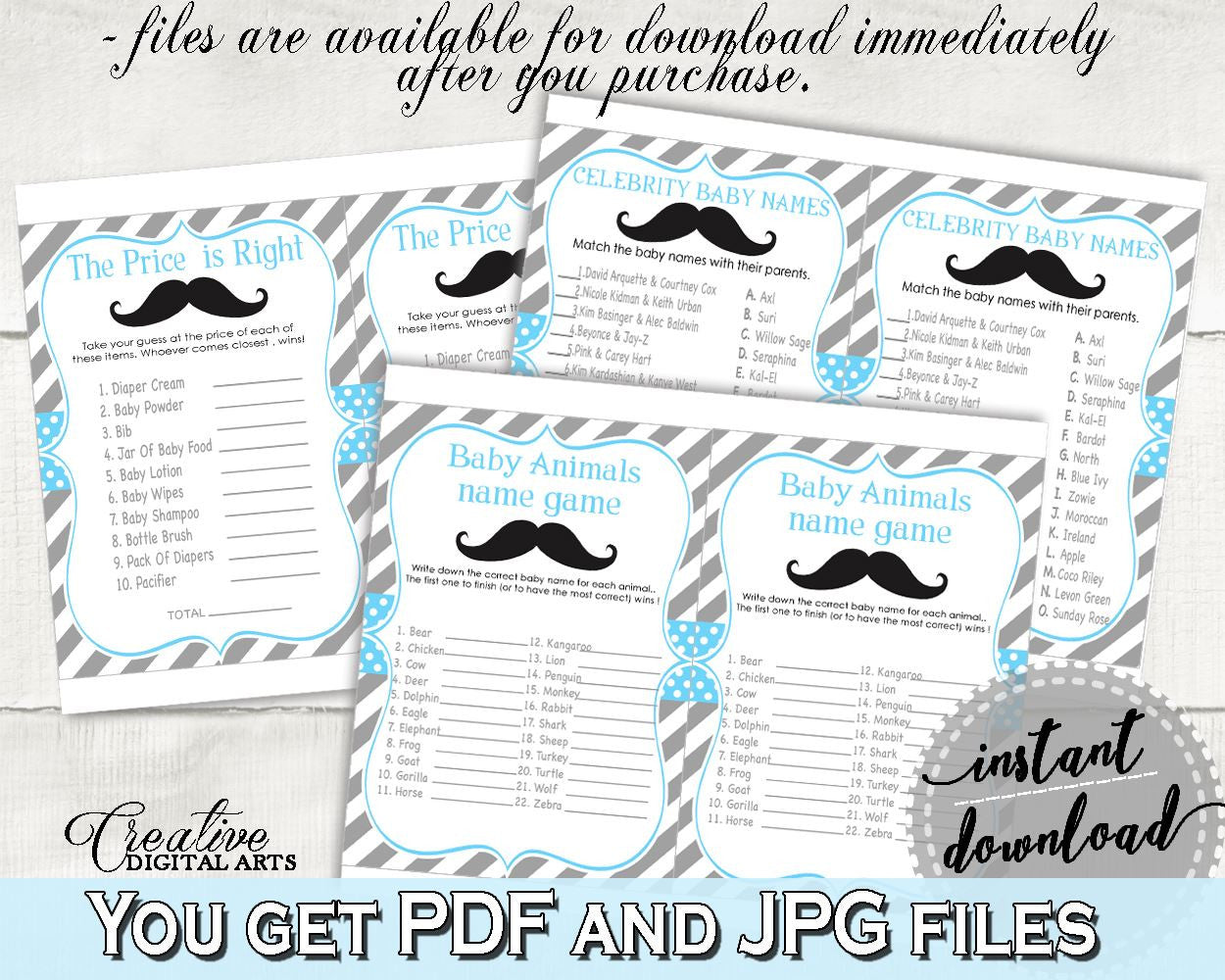 Games Package, Baby Shower Games Package, Mustache Baby Shower Games Package, Baby Shower Mustache Games Package Blue Gray prints 9P2QW - Digital Product