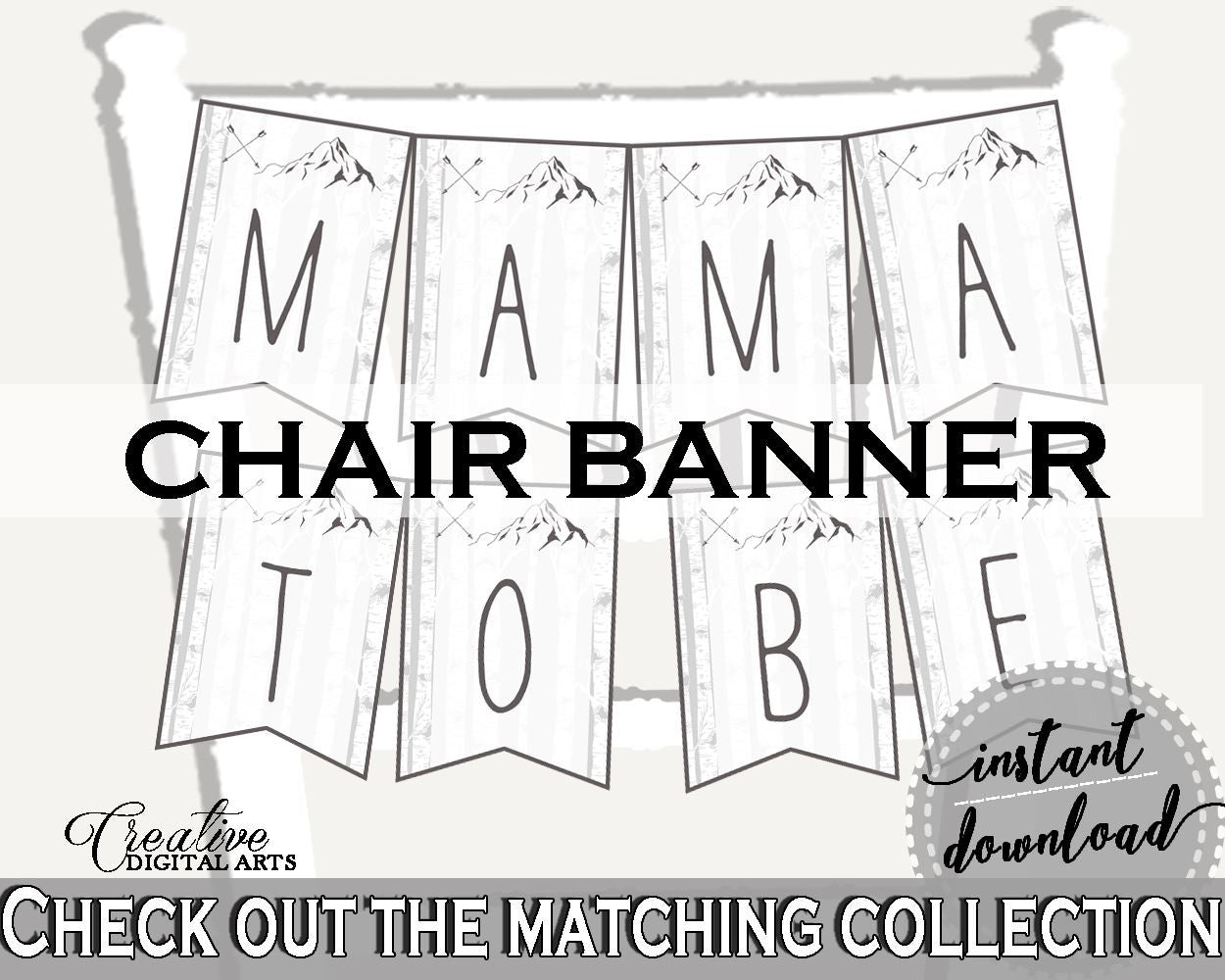 Chair Banner Baby Shower Chair Banner Adventure Mountain Baby Shower Chair Banner Gray White Baby Shower Adventure Mountain Chair S67CJ - Digital Product