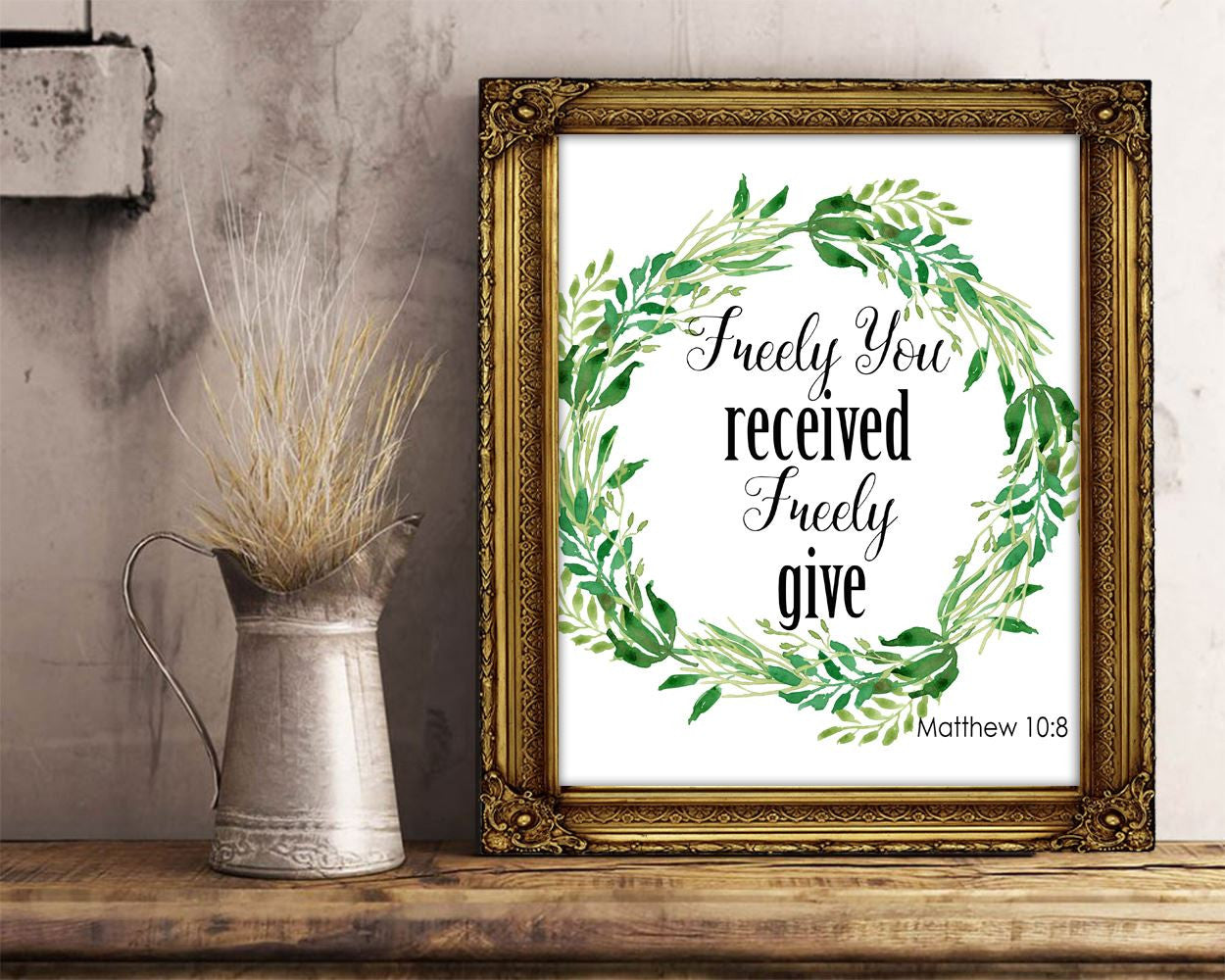 Wall Art Scripts Digital Print Matthew Poster Art Scripts Wall Art Print Matthew  Wall Decor Scripts bible quote matthew 10 8 wreath green - Digital Download