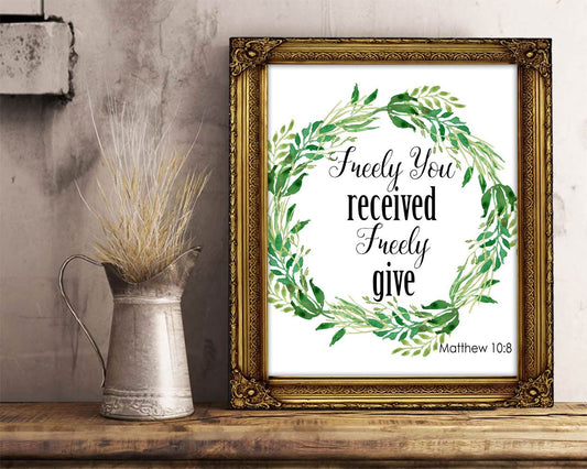 Wall Art Scripts Digital Print Matthew Poster Art Scripts Wall Art Print Matthew  Wall Decor Scripts bible quote matthew 10 8 wreath green - Digital Download