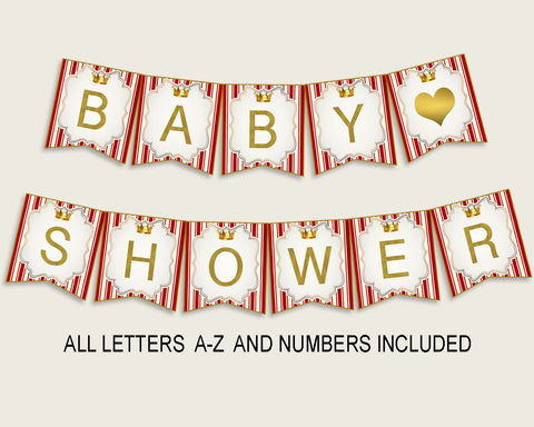 Prince Baby Shower Banner All Letters, Birthday Party Banner Printable A-Z, Red Gold Banner Decoration Letters Boy, Crown Cute Theme 92EDX