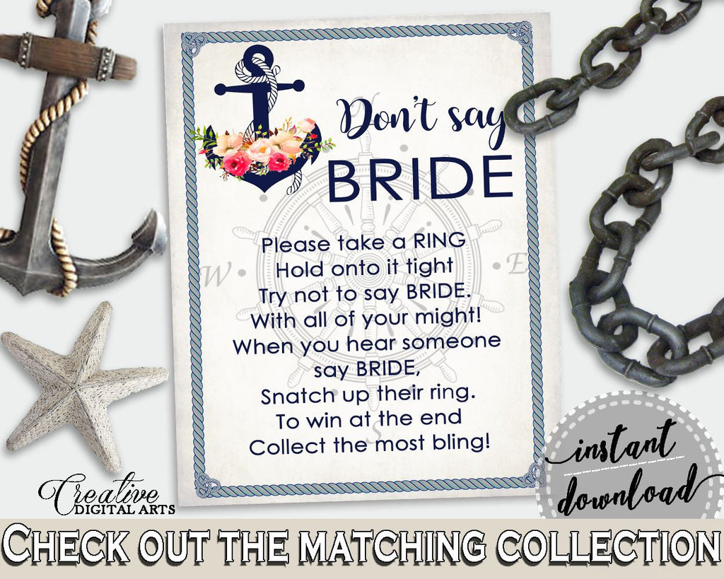 Nautical Anchor Flowers Bridal Shower Don't Say Bride in Navy Blue, don't say a word, sail shower, digital print, party supplies - 87BSZ - Digital Product