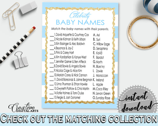 CELEBRITY BABY NAMES baby shower game with blue and white stripes theme, glitter gold, digital files, Jpg Pdf, instant download - bs002