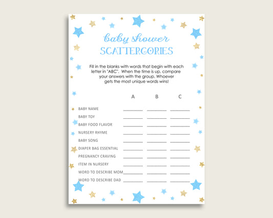 Scattergories Baby Shower Stars Theme, Blue Gold Scattergories Game Printable, Boy Baby Shower Fun Activity, Little Star Most Popular bsr01