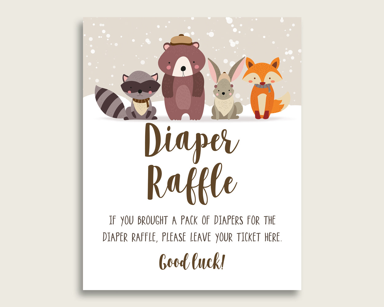 Winter Woodland Baby Shower Diaper Raffle Tickets Game, Gender Neutral Beige Brown Diaper Raffle Card Insert and Sign Printable RM4SN