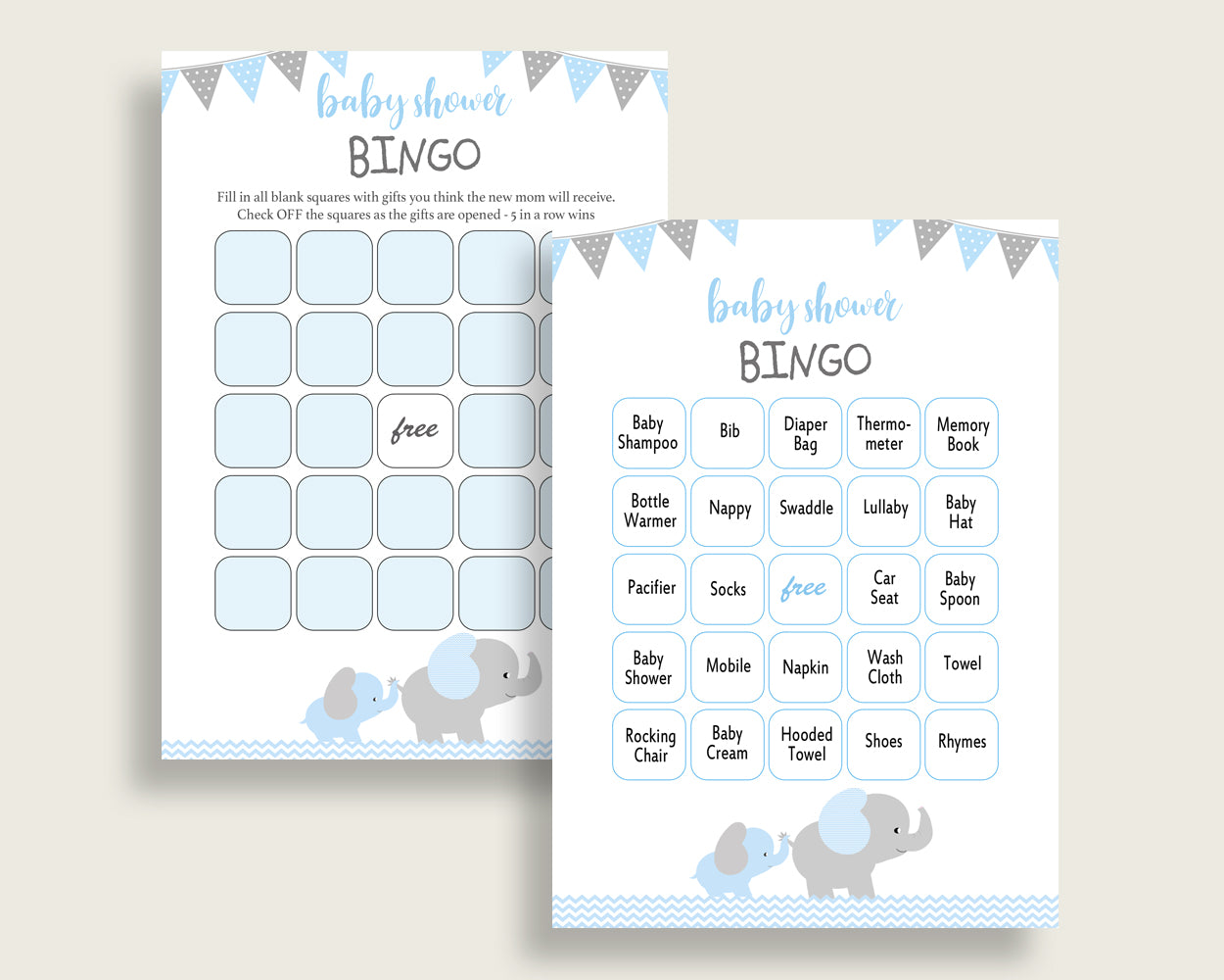 Elephant Baby Shower Bingo Cards Printable, Blue Grey Baby Shower Boy, 60 Prefilled Bingo Game Cards, Little Peanut Most Popular ebl02