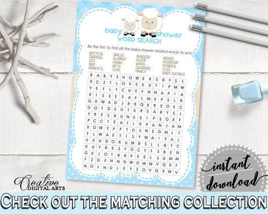 Blue Baby Shower Little Lamb WORD SEARCH game printable, baby shower sheep game, digital files, Jpg and Pdf, instant download - fa001