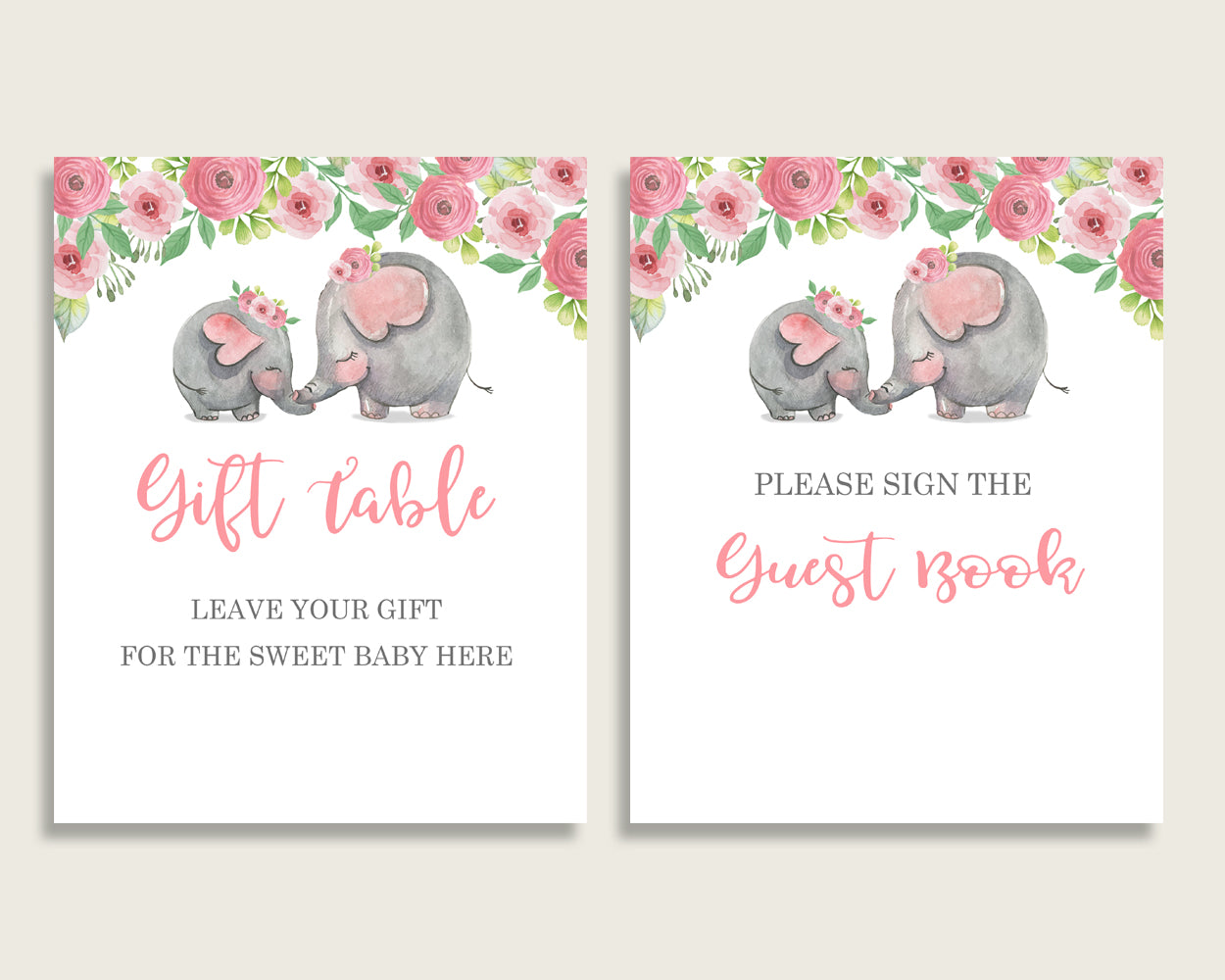 Pink Elephant Baby Shower Girl Table Signs Printable, Pink Grey Party Table Decor, Favors, Food, Drink, Treat, Guest Book, Instant ep001