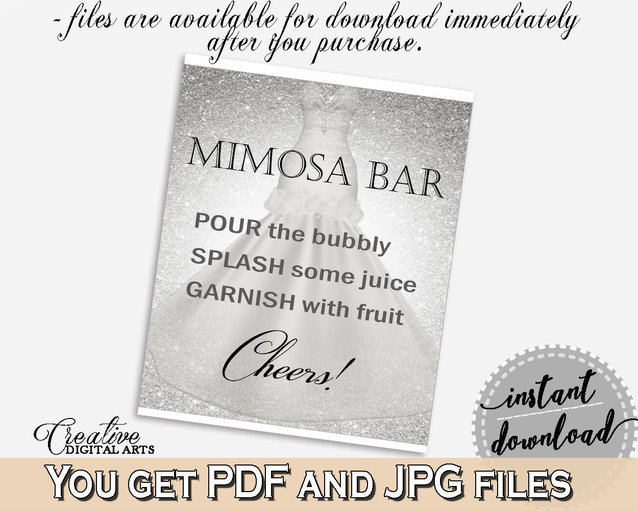 Silver And White Silver Wedding Dress Bridal Shower Theme: Mimosa Bar Sign - fruit, stylish bridal theme, party theme, party decor - C0CS5 - Digital Product