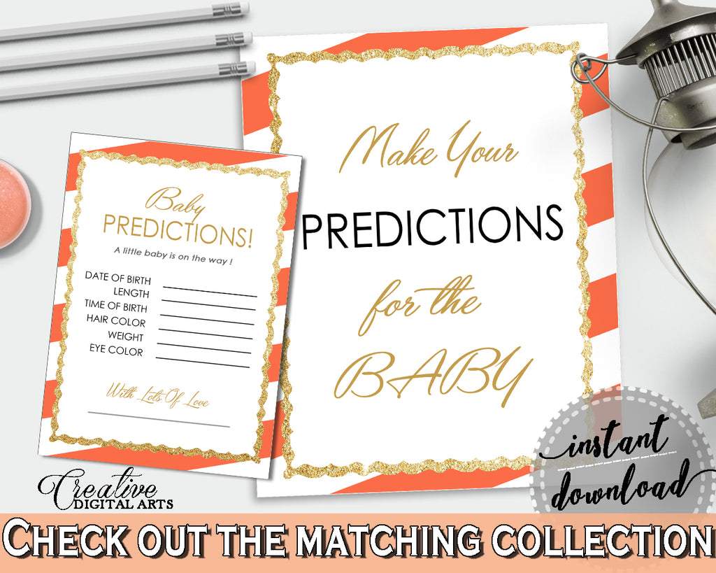 PREDICTIONS FOR BABY sign and cards activity printable for baby shower with white orange color striped theme, instant download - bs003